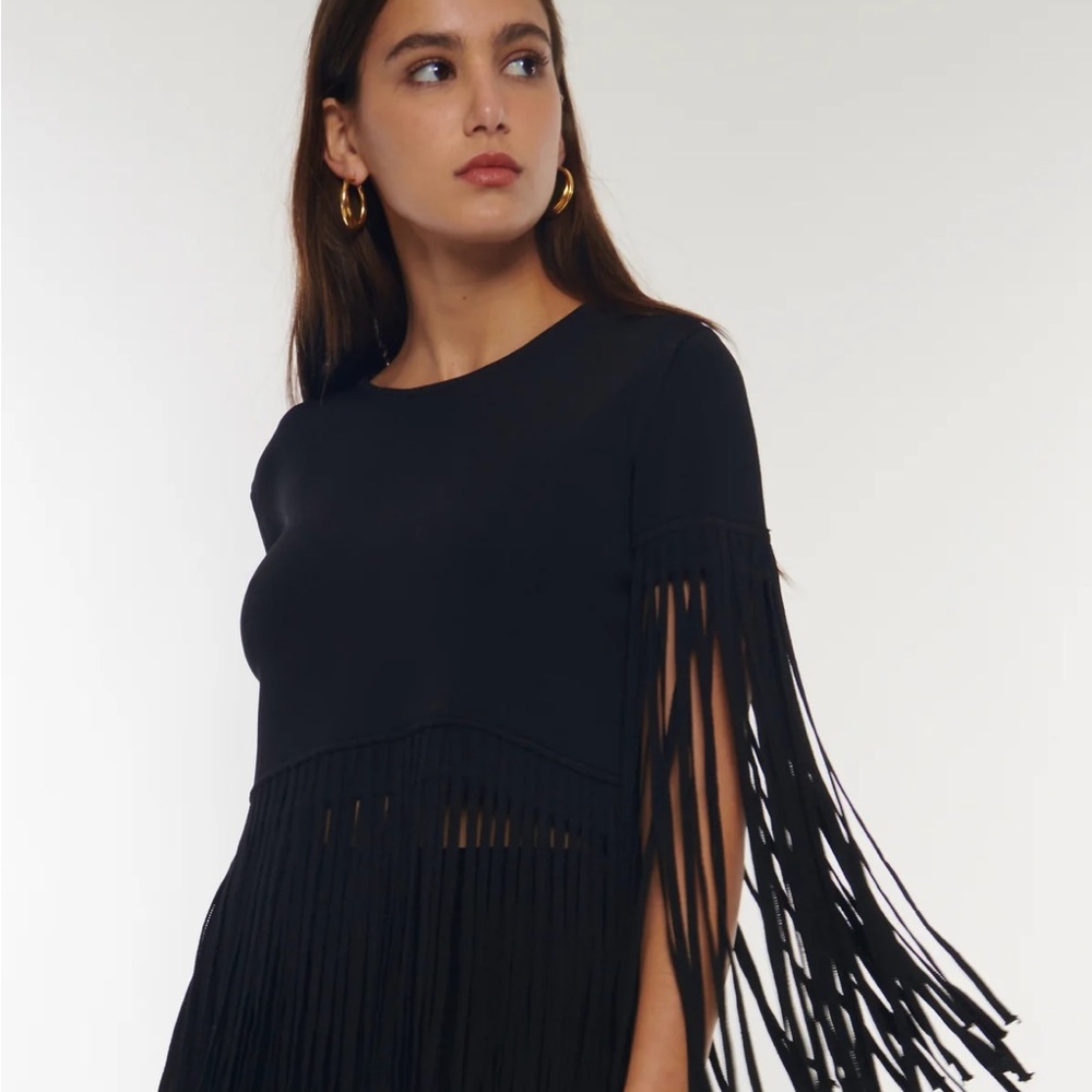 Black Fringe Short-Sleeve Women's Top